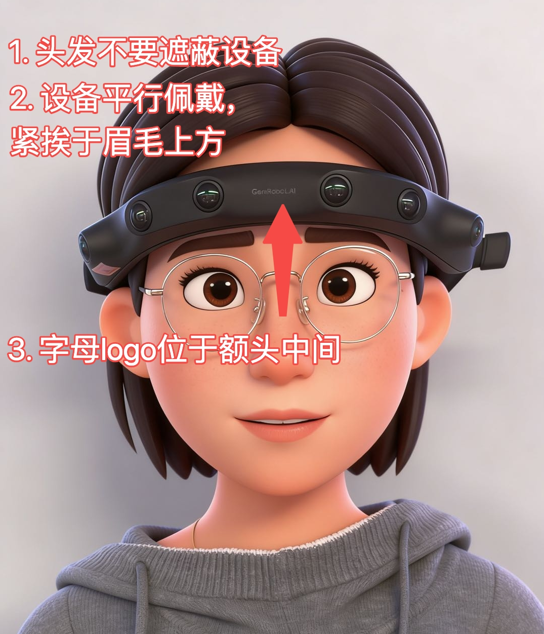 DAS Ego 设备佩戴规范示意，强调设备平行、贴近眉毛和标志居中